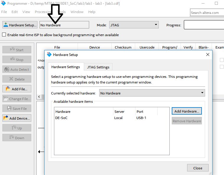 click the Hardware Setup button to set up hardware