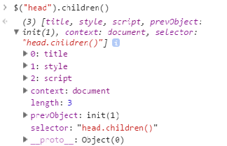 $('head').children() result